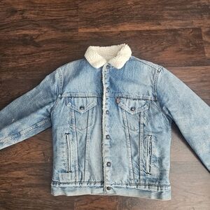 Vintage Levi's Sherpa Lined Denim Trucker Jacket Size 40 70s Orange Tab USA